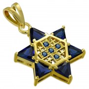 Jerusalem Cross & Star David Pendant w Blue Sapphire CZ